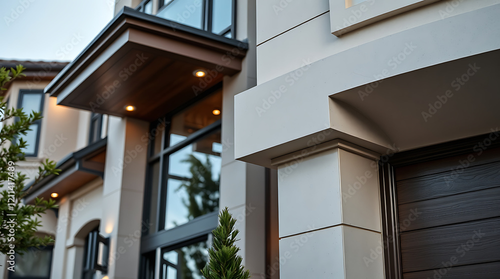 Fototapeta premium Modern Architectural Design: Luxury Home Exterior with Stone and Wood Details
