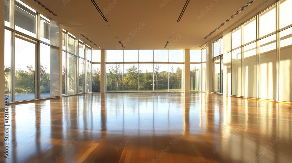 Sunlit modern empty room with large windows and hardwood floor. Sunlit modern empty room with large windows and hardwood floor.