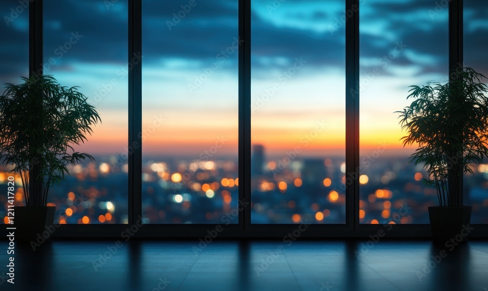 Fototapeta premium Cityscape Sunset View from Panoramic Window