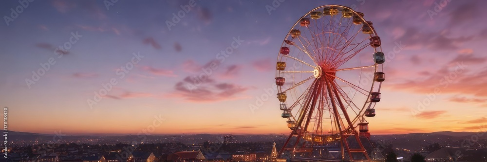 Ferris wheel at dusk with a colorful sky and twinkling lights, thrilling experience, sunset Ferris wheel at dusk with a colorful sky and twinkling lights, thrilling experience, sunset