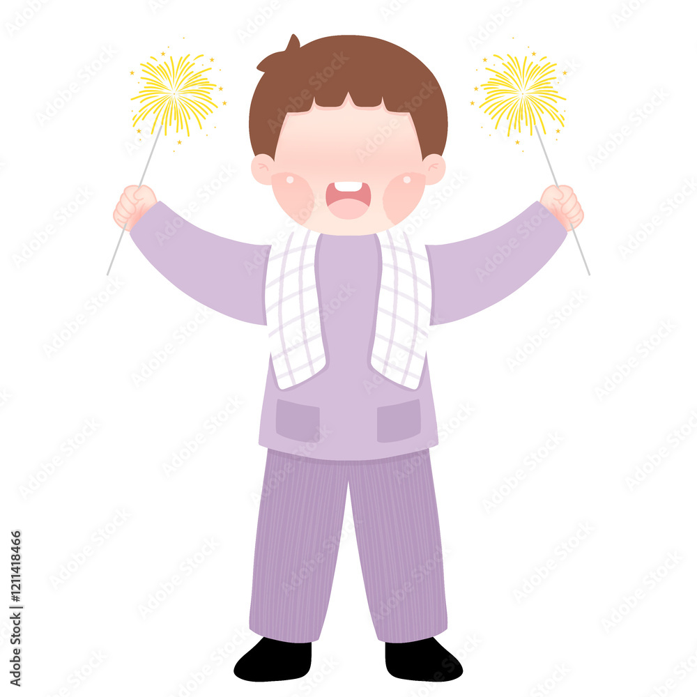 A happy Muslim child holding fireworks, celebrating Eid al-Fitr