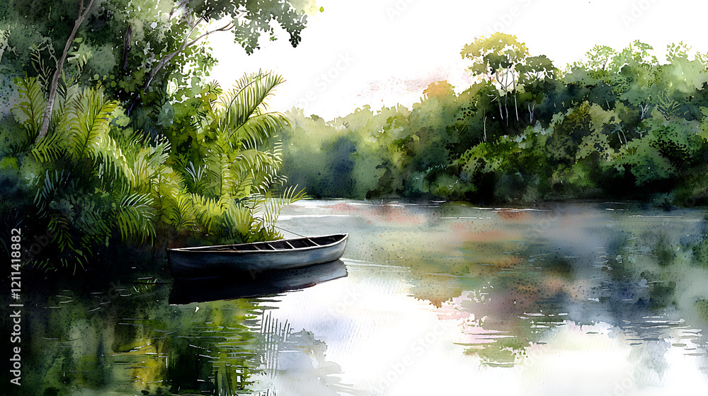 Obraz premium A small boat is floating on a calm river. generated using AI