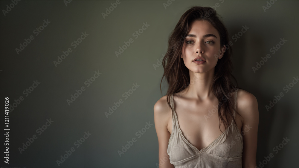 Portrait of a woman modeling sleepwear. Long brown hair. Brunette. Isolated against green wall. Studio lighting. Youthful complexion. Skin care and cosmetics. Pajamas. A beige teddy. Portrait of a woman modeling sleepwear. Long brown hair. Brunette. Isolated against green wall. Studio lighting. Youthful complexion. Skin care and cosmetics. Pajamas. A beige teddy.