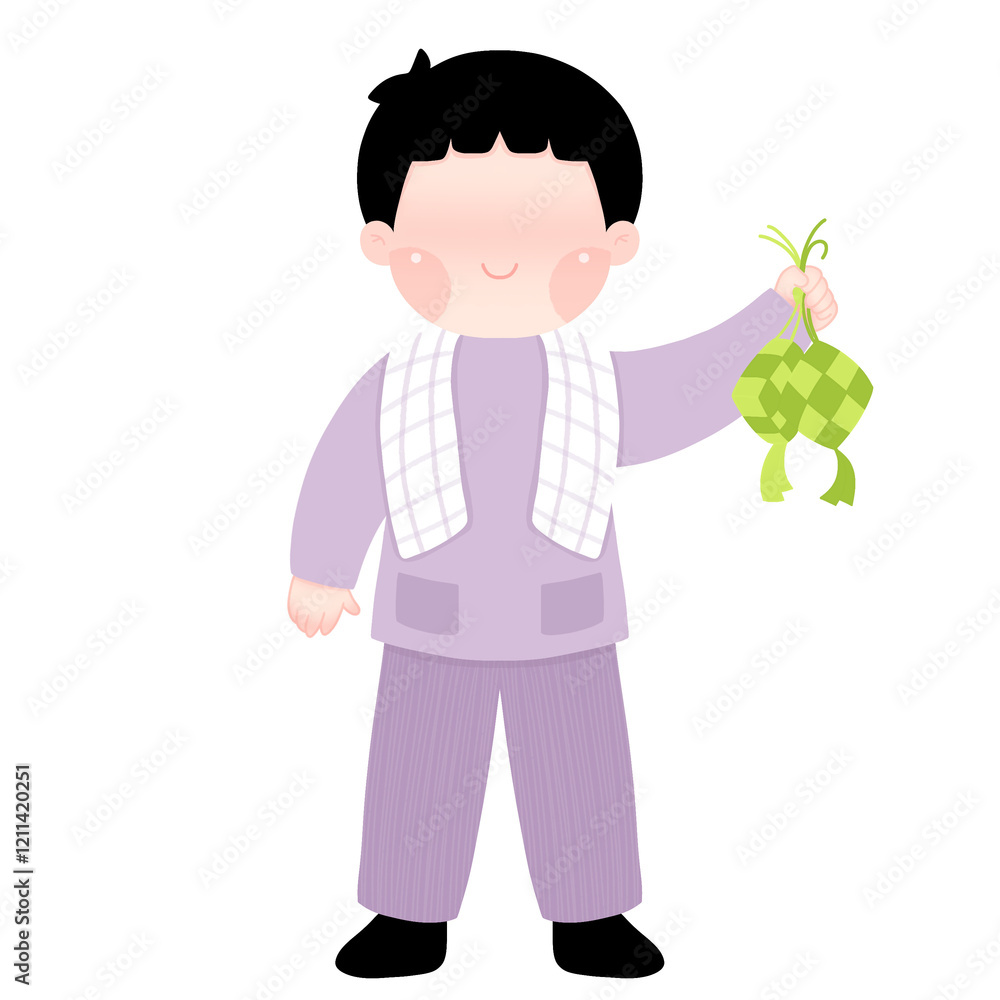 A young boy in a purple outfit is carrying a ketupat, a traditional Indonesian dish made of rice wrapped in coconut leaves. He is smiling and looks excited to celebrate Eid al-Fitr