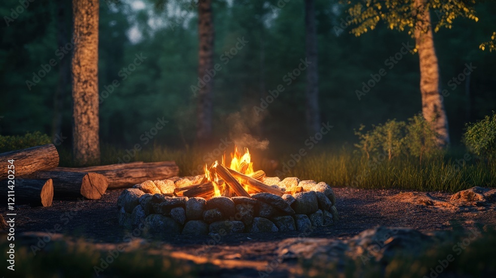 A vibrant image of a firepit built from natural stones, surrounded by logs and set in a wooded clearing A vibrant image of a firepit built from natural stones, surrounded by logs and set in a wooded clearing