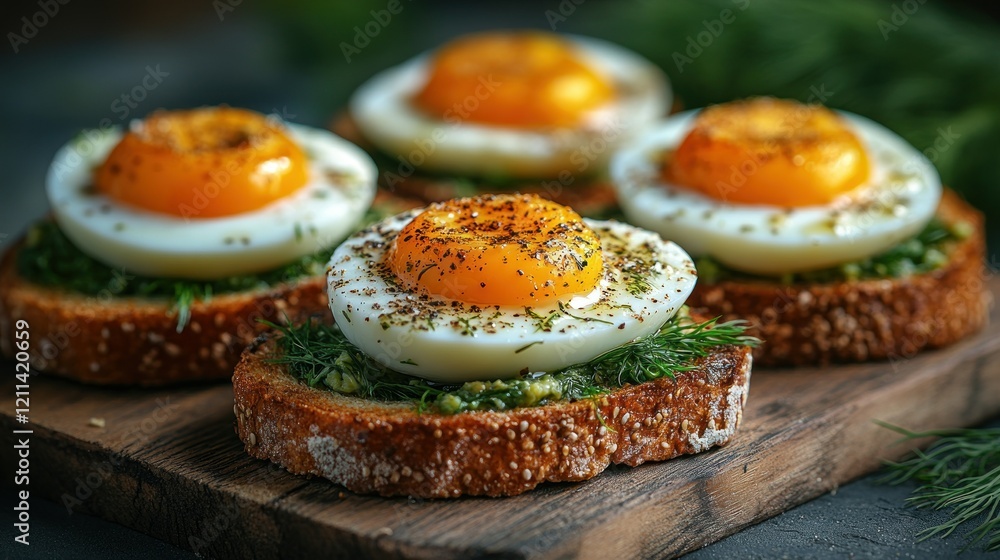 Delicious Poached Eggs on Toasted Bread with Pesto and Dill Delicious Poached Eggs on Toasted Bread with Pesto and Dill