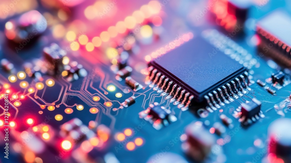 Obraz premium Close-up of Microchip Circuit Board: Technological Marvel