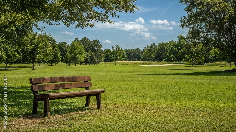 Peaceful park bench in green landscape. Ideal for outdoor recreation, public spaces, and urban park themes. Peaceful park bench in green landscape. Ideal for outdoor recreation, public spaces, and urban park themes.