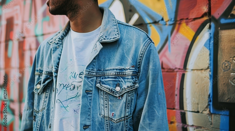 Fototapeta premium Young african male in denim jacket standing against colorful graffiti wall