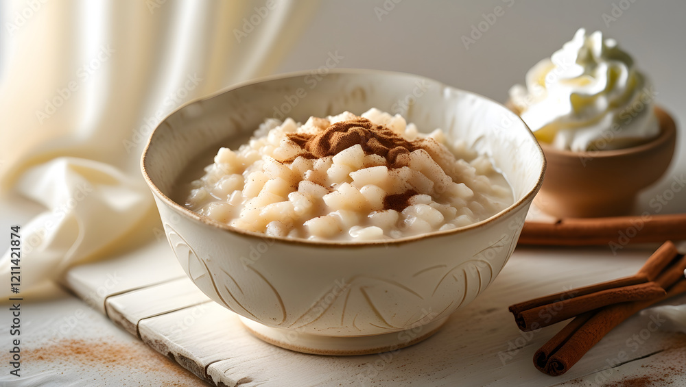 A warm dish of creamy rice pudding, topped with cinnamon and whipped cream, served in a delicate ceramic bowl on a rustic wooden table. A warm dish of creamy rice pudding, topped with cinnamon and whipped cream, served in a delicate ceramic bowl on a rustic wooden table.