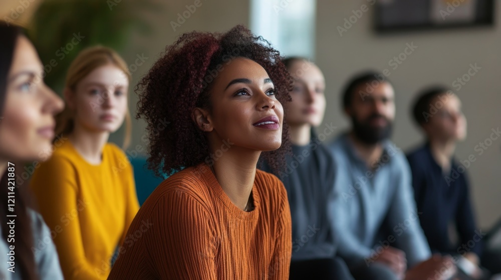 Diverse Group Engages in Thoughtful Discussion in Modern Setting Diverse Group Engages in Thoughtful Discussion in Modern Setting