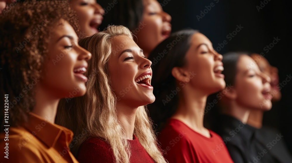 Obraz premium Joyful Group of Women Synchronously Singing in Close-Up Performance