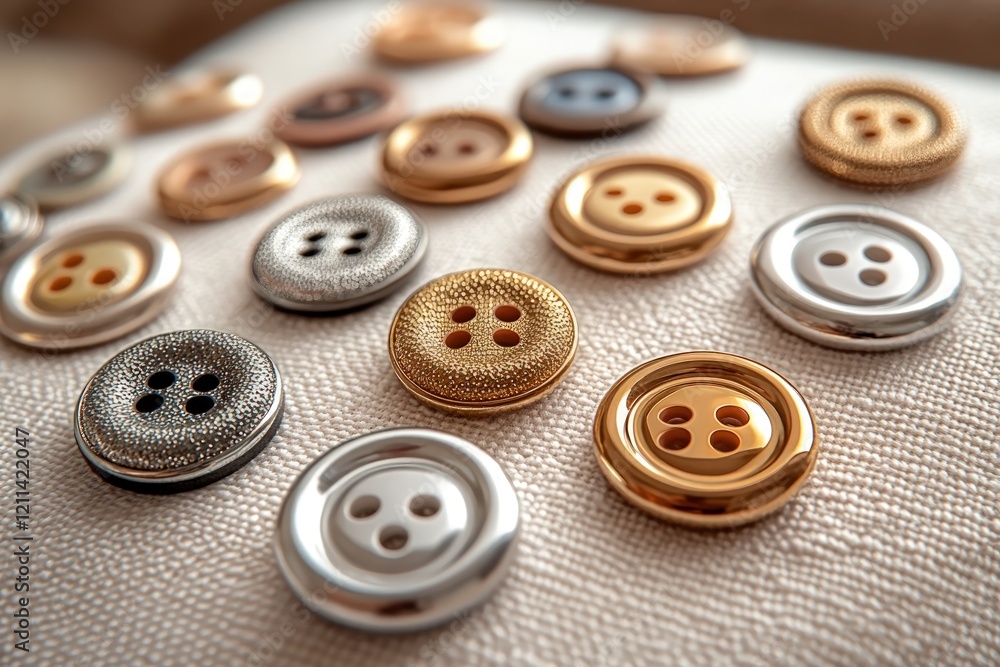 Assorted shiny buttons on fabric. Assorted shiny buttons on fabric.