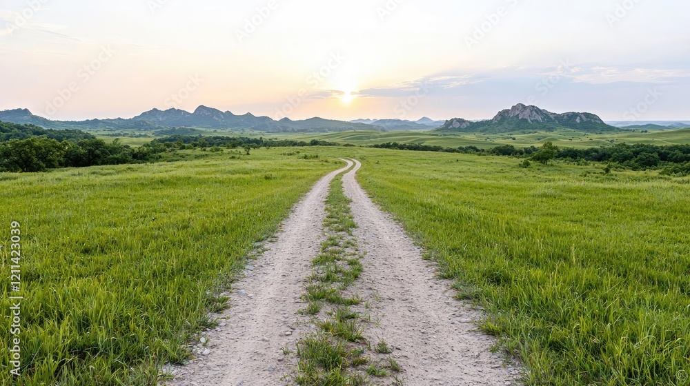 Sunset over grassy plains, dirt road leading to hills. Use Travel, nature, freedom Sunset over grassy plains, dirt road leading to hills. Use Travel, nature, freedom
