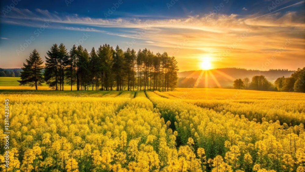 Obraz premium Golden Hour Serenity A Vibrant Yellow Field Bathed in the Warm Glow of a Setting Sun, Silhouetted by a Grove of Tall Trees
