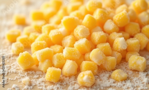 Close-up of frozen yellow corn pieces photo