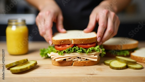 Delicious Deli Sandwich with Turkey, Lettuce, Tomato, and Cheese on Whole-Grain Bread photo