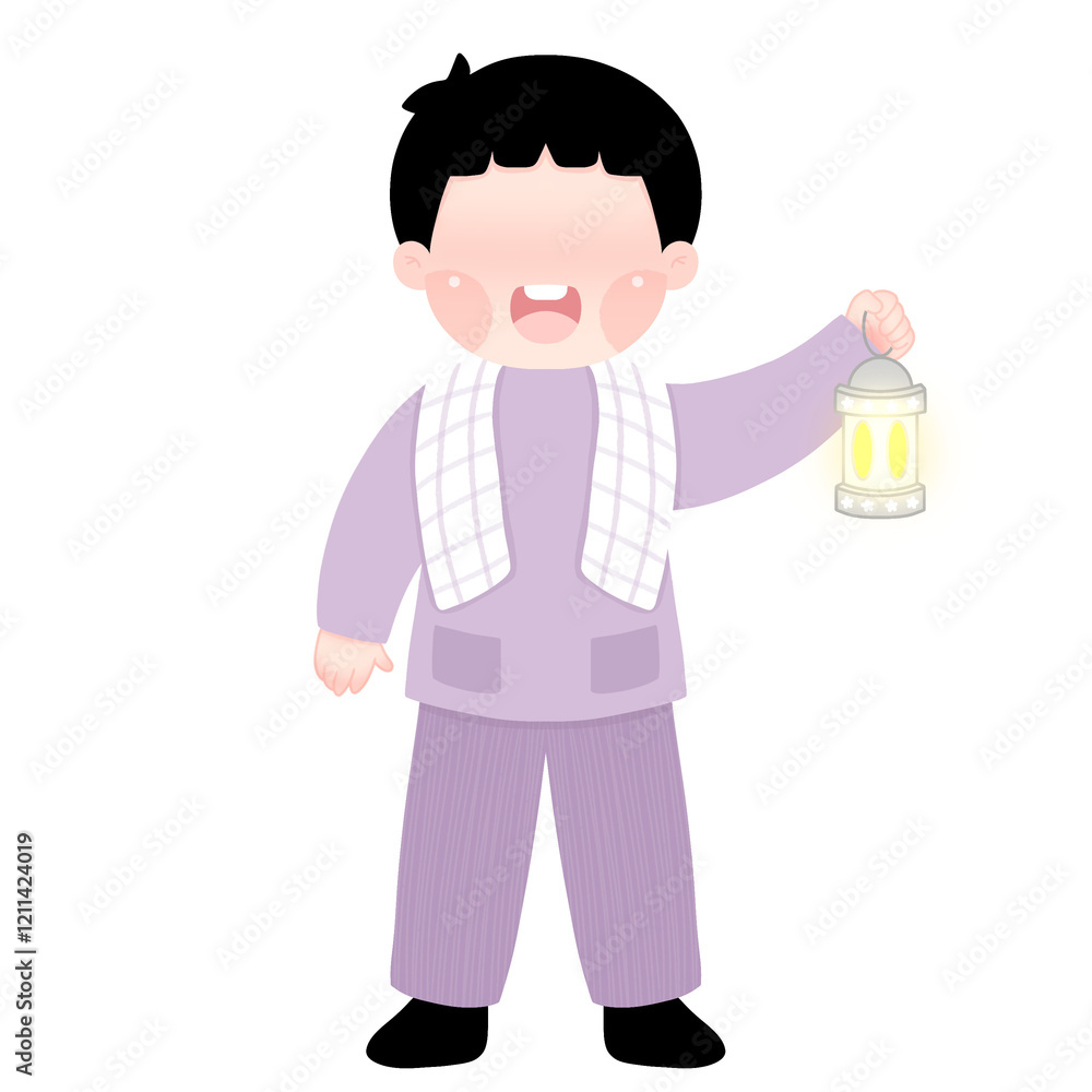 A versatile illustration of a young Muslim boy with a lantern, perfect for children's books, Islamic educational materials, and Ramadan-themed designs A versatile illustration of a young Muslim boy with a lantern, perfect for children's books, Islamic educational materials, and Ramadan-themed designs