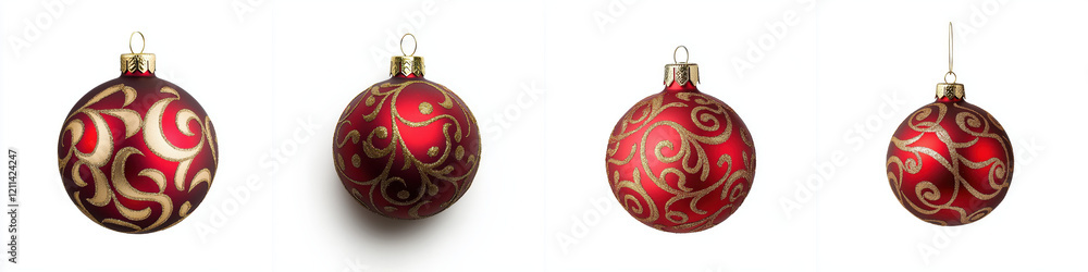 close up of red and gold Christmas ornaments with intricate designs close up of red and gold Christmas ornaments with intricate designs