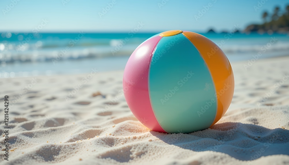 Beach Ball on Sandy Shore Summer Vacation Fun Beach Ball on Sandy Shore Summer Vacation Fun