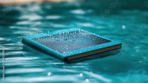 A vibrant image of a waterproof e-reader being used poolside, with water droplets on the screen photo