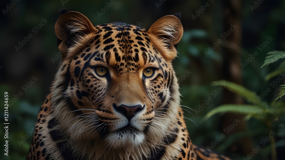 Obraz premium Portrait of a leopard, portrait tiger in jungle, a close-up of a leopard's face with a blurred background, a close up of a leopard looking at the camera and majestic leopard portrait in nature.