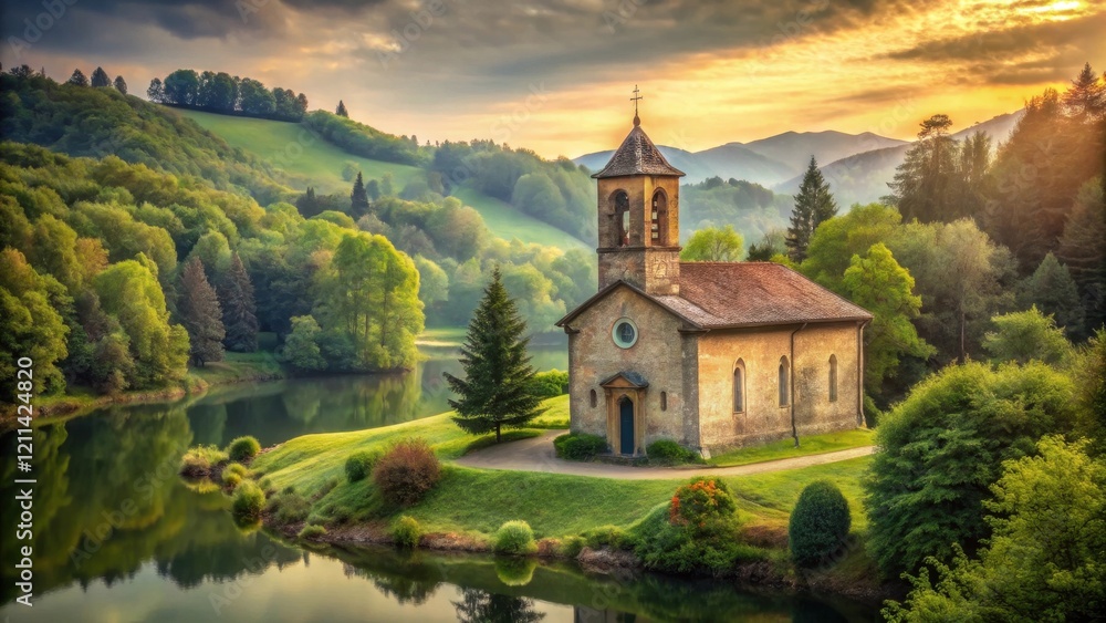 Serene Chapel by the Lake at Golden Hour Picturesque Landscape with Lush Greenery and Rolling Hills Serene Chapel by the Lake at Golden Hour Picturesque Landscape with Lush Greenery and Rolling Hills