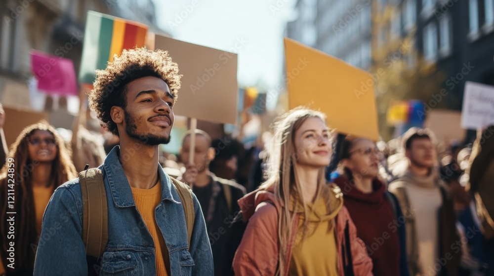 Obraz premium Diverse Individuals Participating in Vibrant Outdoor Protest Rally