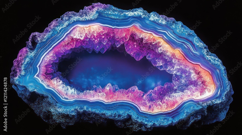 Fototapeta premium Vibrant agate geode, polished, dark background, crystal cave, gemstone design