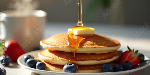 Golden Pancakes with Maple Syrup, Fresh Berries, and Coffee in Soft Morning Light photo