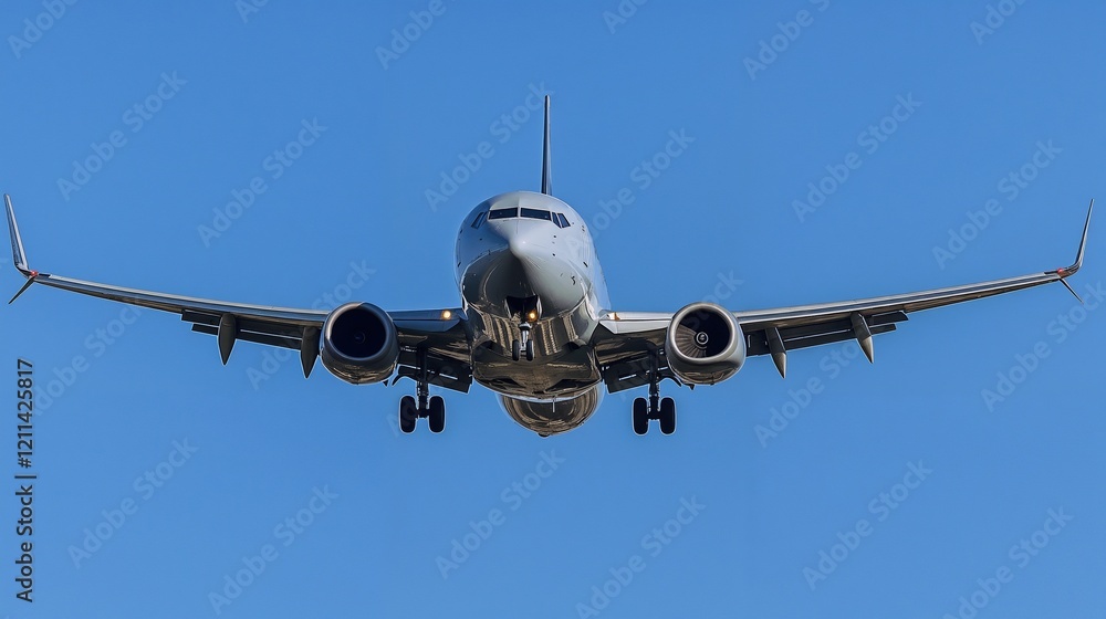 Commercial airplane approaching landing against clear blue sky. Ideal for aviation services, air travel, or transportation industry. Commercial airplane approaching landing against clear blue sky. Ideal for aviation services, air travel, or transportation industry.