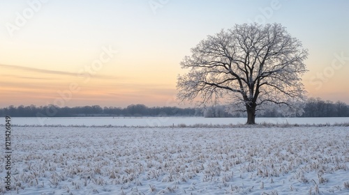 Wallpaper Mural Solitary tree in snow-covered field at winter dawn. Ideal for seasonal nature photography, winter landscapes, or peaceful solitude themes. Torontodigital.ca