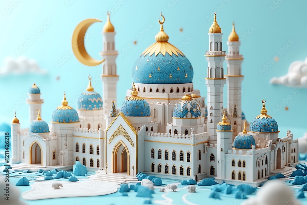 Obraz premium 3d modern Islamic banner, suitable for Ramadan, Eid al Fitr, and Eid al Adha with mosque, lantern, crescent moon,