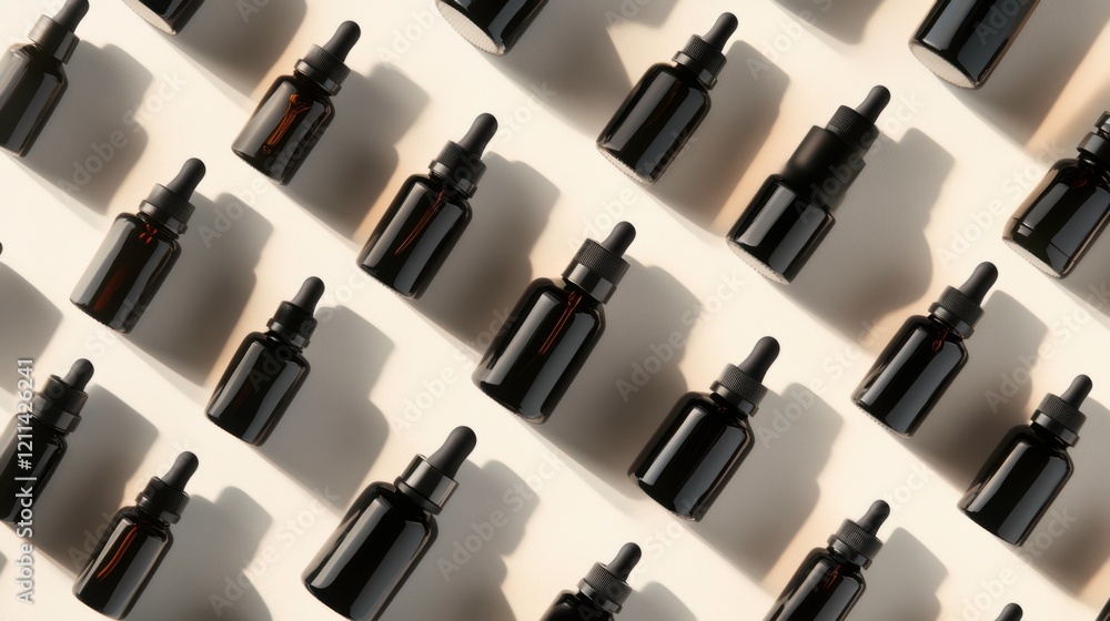 Elegant Arrangement of Skincare Bottles on Glossy Surface Elegant Arrangement of Skincare Bottles on Glossy Surface