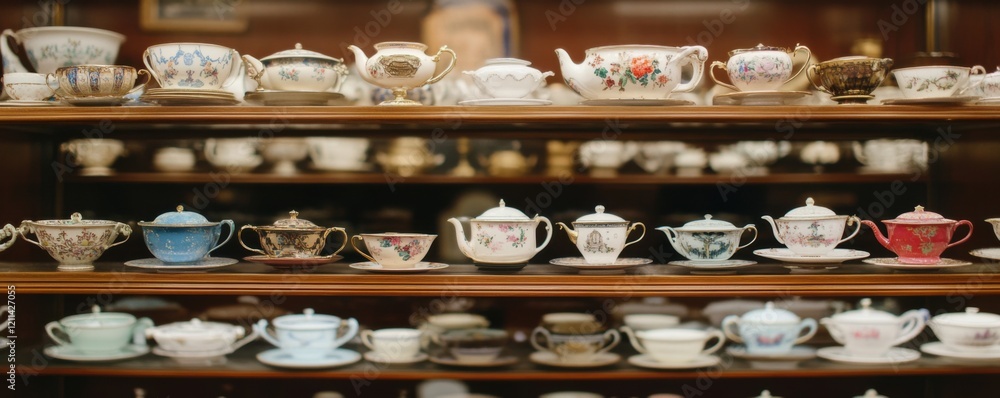 Naklejka premium Antique Teacup and Teapot Collection: A Showcase of Exquisite Porcelain