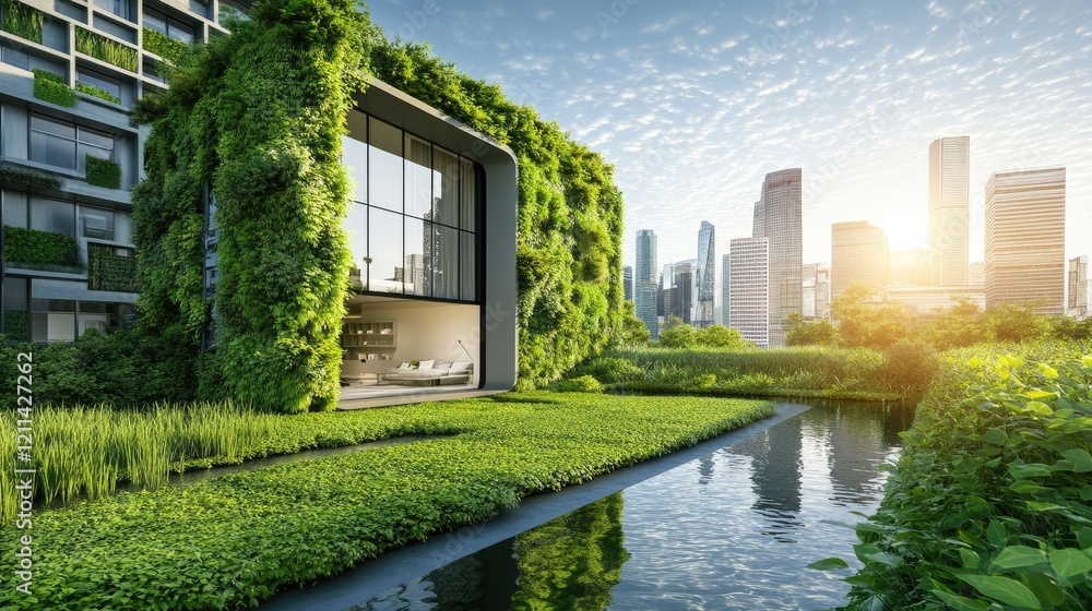 A futuristic hybrid city design blending urban living with lush greenery.