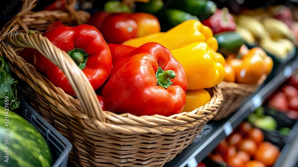 Fresh vegetables in a woven basket, showcasing colorful bell peppers and assorted produce.