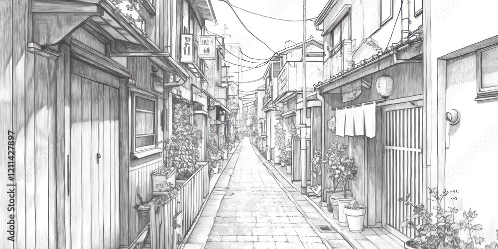 Fototapeta premium Pencil Sketch Of A Narrow Japanese Alleyway