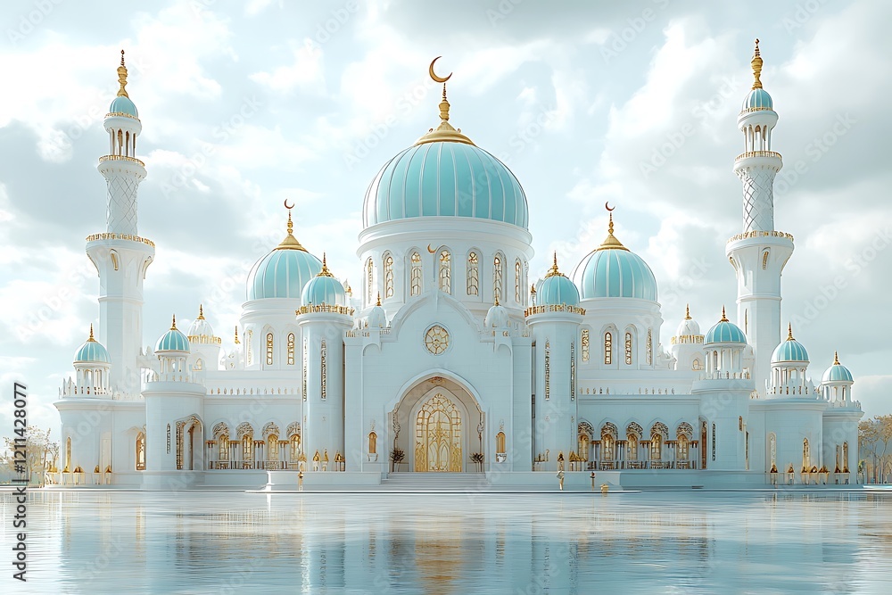 Obraz premium 3d modern Islamic banner, suitable for Ramadan, Eid al Fitr, and Eid al Adha with mosque, lantern, crescent moon,