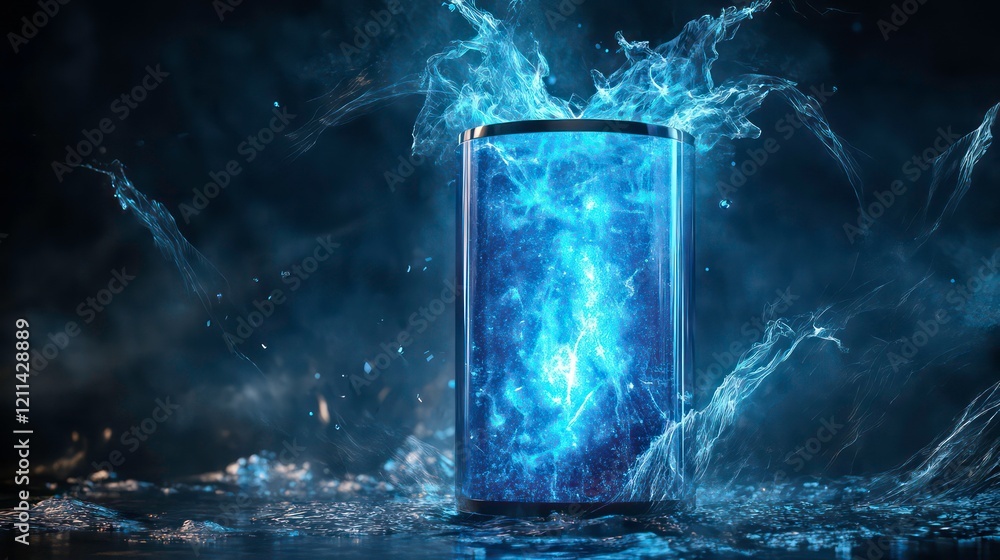 Fototapeta premium A smartphone engulfed in blue flames and smoke, set against a dark background.