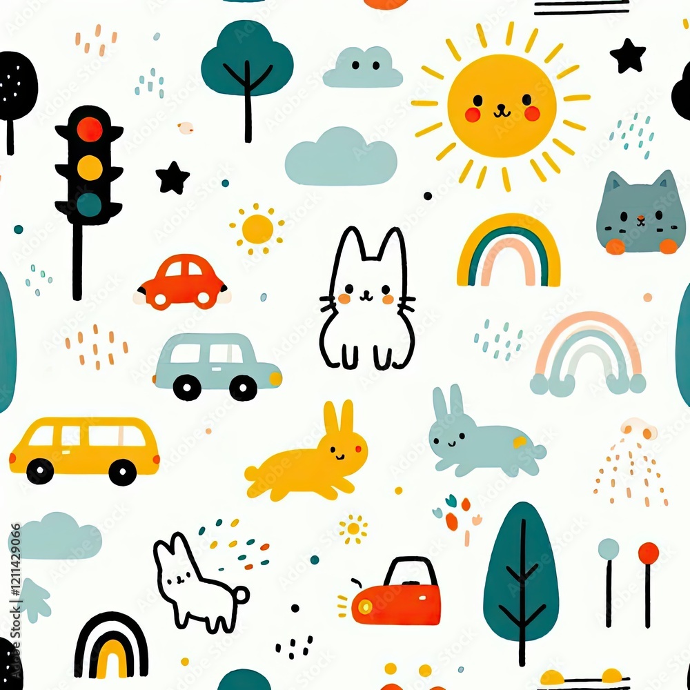Fototapeta premium Cute Animals and Vehicles Seamless Pattern for Kids