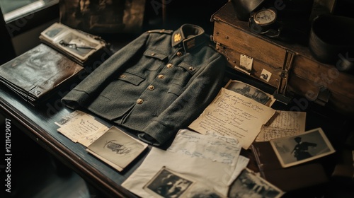 A soldierâ€™s uniform displayed in a war museum, with personal items such as letters and photos, symbolizing the human side of war, documentary-style photography with soft focus