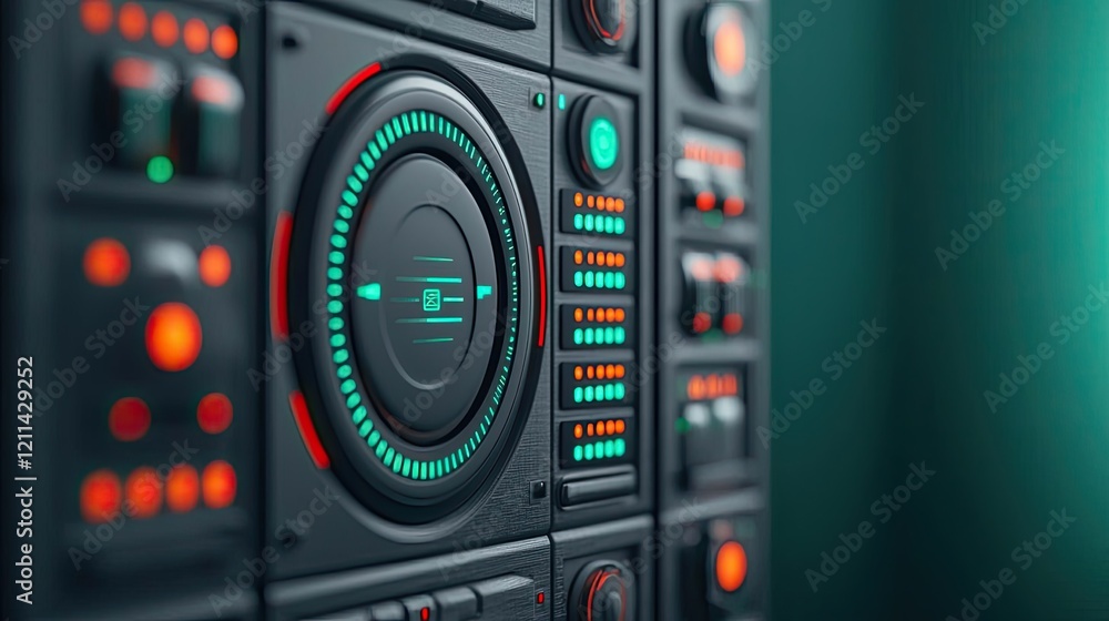 Fototapeta premium Interactive tools ai concept. Close-up of a futuristic control panel with colored lights and buttons.