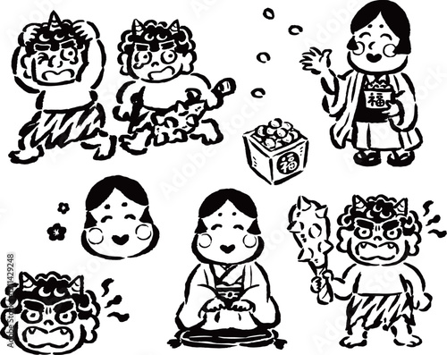 鬼とお多福　筆タッチ手描きイラスト線画セット
