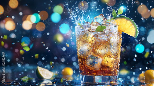 refreshing glass of cocktail with ice, citrus, and vibrant bokeh background