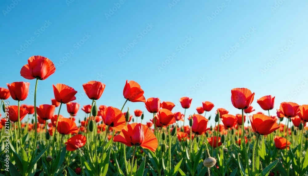Obraz premium a bed of red poppies against a clear blue sky, , garden, floral arrangements