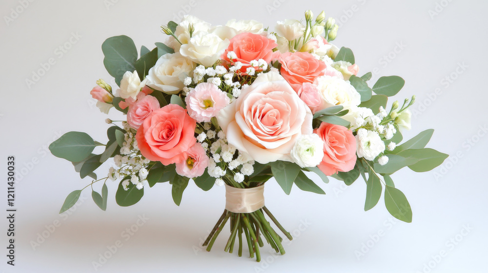 Obraz premium Delicate Bridal Bouquet: A stunning bridal bouquet featuring soft coral and white roses, accented with baby's breath and greenery, tied with a delicate ribbon.