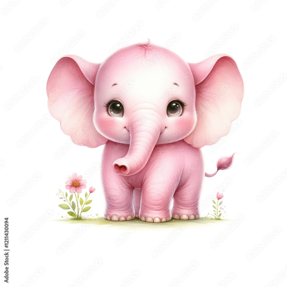A cute pink elephant with big expressive eyes, standing upright and surrounded by small flowers. A cute pink elephant with big expressive eyes, standing upright and surrounded by small flowers.