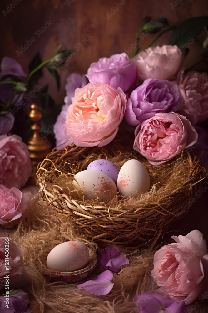 A professional vertical photo of a basket filled with hay, pastel pink and beige eggs, and small daisies, Easter holiday concept, Flat lay, Holiday congratulation card, background, gift card A professional vertical photo of a basket filled with hay, pastel pink and beige eggs, and small daisies, Easter holiday concept, Flat lay, Holiday congratulation card, background, gift card