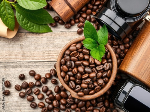 A bowl of roasted coffee beans surrounded by coffee-related accessories, saucers, creamer photo